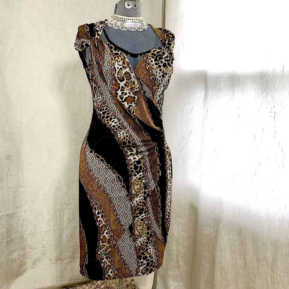 Cache’ 90s Y2K dress animal pint cheetah leopard floral gold chain size M